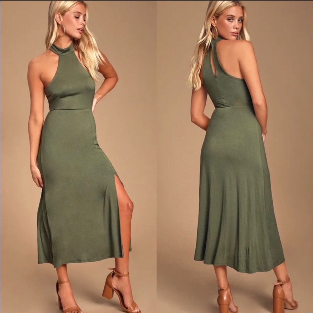 Lulu’s Malania Olive Green Halter Midi Dress
